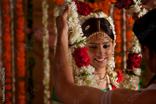 Indian bride and groom during wedding ceremony 