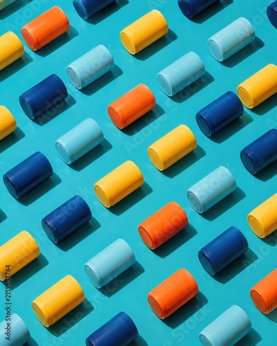 Colorful cylinders arranged in a diagonal pattern on a blue background