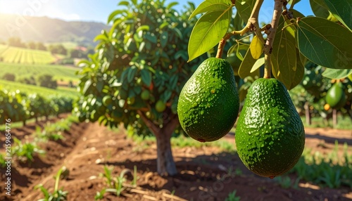 Ripe avocados hanging on a tree in a sunny orchard.