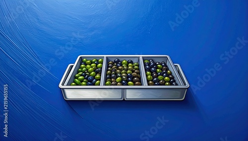 Underwater metal trays with green olives in blue water.