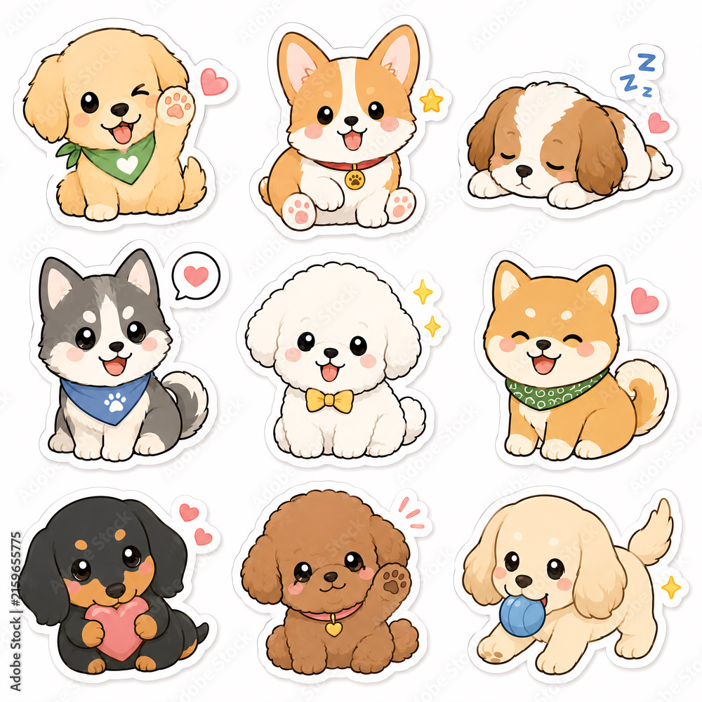 Fototapeta premium Cute Kawaii Puppy Sticker Set with Corgi, Husky, Poodle, Shiba Inu and Dachshund