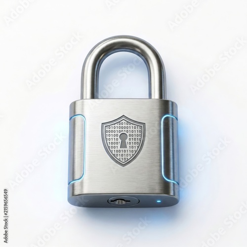 futuristic metal security lock with luminous digital elements, glowing internet keyhole surrounded by encrypted symbols, protective shield interface. Generative AI