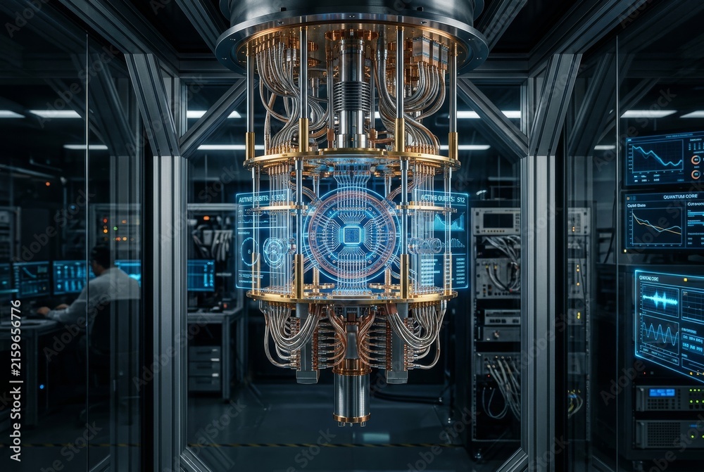 Fototapeta premium quantum computer inside a sophisticated metallic laboratory, advanced quantum processor surrounded by glowing holographic interfaces. Generative AI