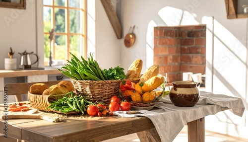 Fresh Rustic Kitchen Table with Vegetables and Bread.