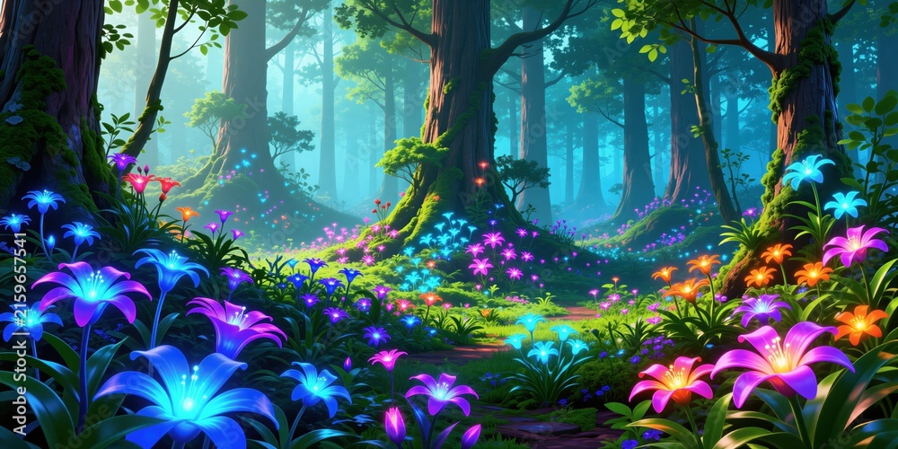 Naklejka premium Mystical forest path lined with glowing flowers. Rich green trees, soft ethereal light, and vibrant colorful plants create a magical, dreamy woodland atmosphere.
