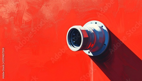Close up of blue fire hydrant connector on red wall.