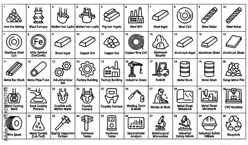 Metal Industry Steel Aluminum Copper Iron Casting Editable Line Icons Vector Set