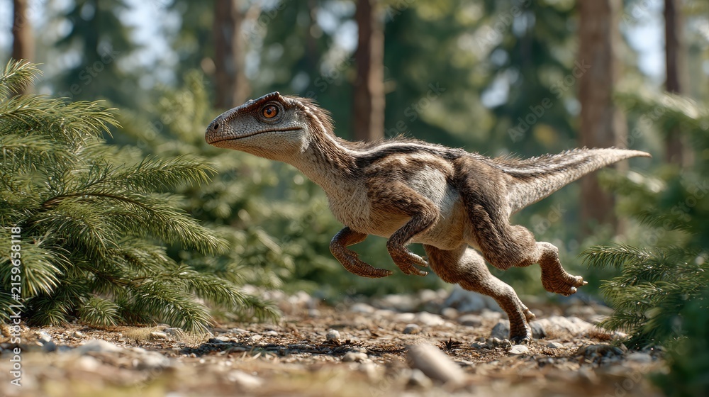 Fototapeta premium Velociraptor in Forest: A juvenile Velociraptor dinosaur, with its distinctive feathered body and sharp claws, sprints through a sun-dappled prehistoric forest floor.