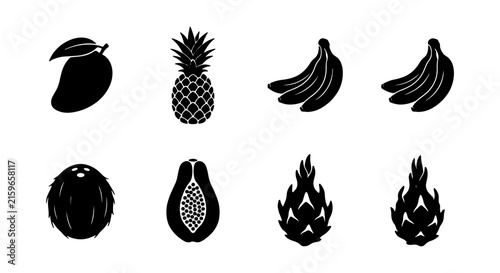 Tropical fruit silhouette icons set, black exotic fruits vector glyphs for menu design