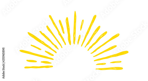 Hand-drawn yellow sunburst illustration in a rustic doodle style, representing a sunrise or sunshine, isolated on a white background.