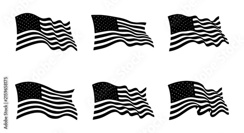Waving American flag vector set, black and white USA flags, patriotic icons