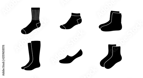 Black socks icon set, vector footwear silhouettes, clothing and hosiery design elements