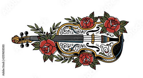 Ornate Violin Decorated with Roses and Leaves