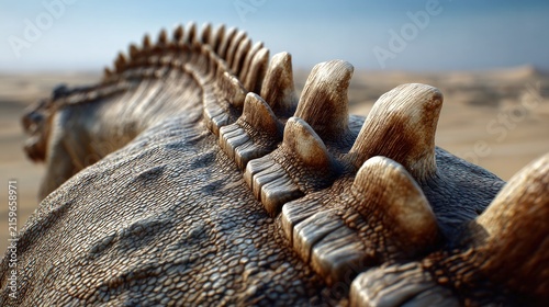 Close-up of Dinosaur Spine: A detailed view of the bony plates and textured skin along the spine of a prehistoric dinosaur, set against a dry, arid desert landscape.