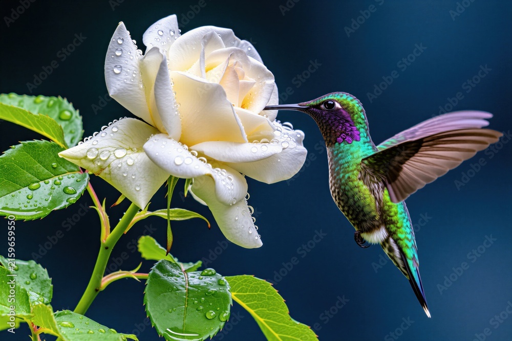 Naklejka premium Tiny hummingbird drinks from dew drops on white rose. Bird with iridescent feathers hovers near wet flower in garden. Macro shot of nature wildlife in dark blue background.