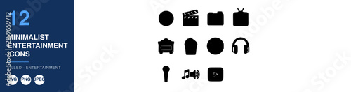 Minimalist Entertainment Icons Set, Featuring Music Notes, Film Reel, Television, Headphones, Microphone, and Gamepad