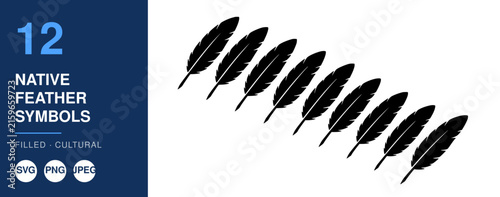 Native Feather Symbols Set, Filled Design Elements. Cultural Icon Illustrations, Decorative Nameplate Design