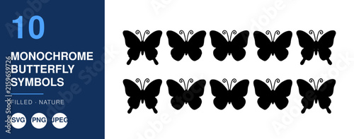Monochrome Butterfly Symbols Set, Minimalist Nature Icons, Filled Design Elements for Branding and Illustration.