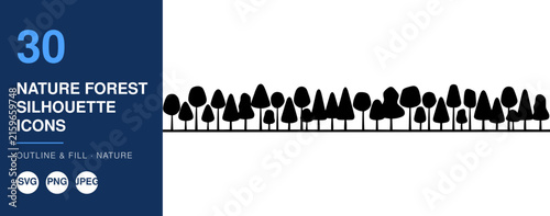 Nature Forest Silhouette Icons Set, Outline and Fill Design. Vector Graphics for Nature Themes, Woodland Illustrations