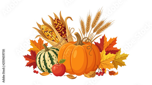 Autumn Harvest Illustration with Pumpkins and Corn on White