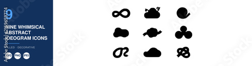 Nine Whimsical Abstract Ideogram Icons Nameplate, Filled Decorative Design Featuring Ideograms, Vector