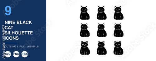 Nine Black Cat Silhouette Icons, Minimalist Animal Design Set. Outline and Fill Vector Graphics