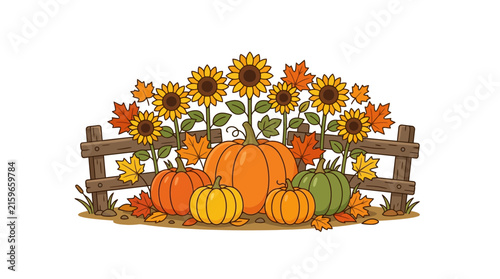 Autumn Harvest Pumpkin Patch and Sunflower Illustration