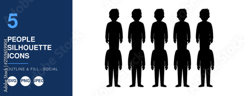People Silhouettes Icons Set, Five Figures Outline and Fill Design, Social Concept Illustration