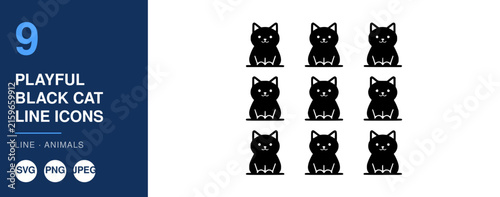 Playful Black Cat Line Icons Set, Minimalist Animal Design. Cute Feline Illustrations