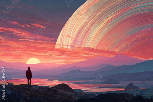 A dreamlike landscape  traveler gazes at a massive glowing planet with colorful swirling rings