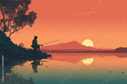 Serene sunset fly fishing scene showcasing a peaceful outdoor pursuit in calm waters.