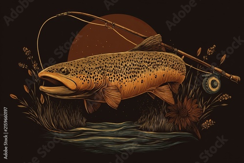 Brown trout fishing logo design for t shirts  vector illustration for anglers and enthusiasts