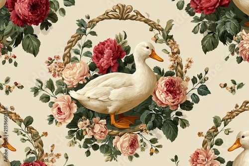 Seamless vintage pattern with white ducks and floral bouquets in rope frames on cream background