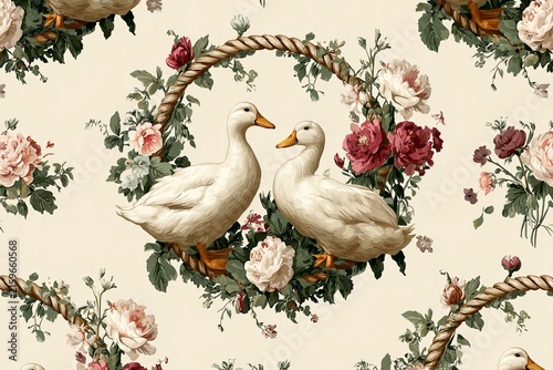 Seamless vintage pattern of white ducks and floral bouquets in rope frames on cream background