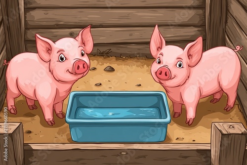 Charming cartoon of two pink pigs in a wooden pen with a blue feeding trough in the middle