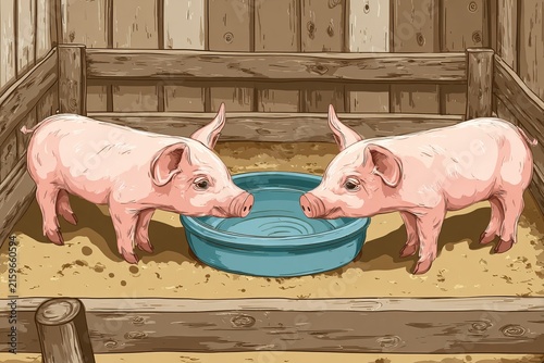 Charming cartoon of two pink pigs in a wooden pen with a blue feeding trough between them