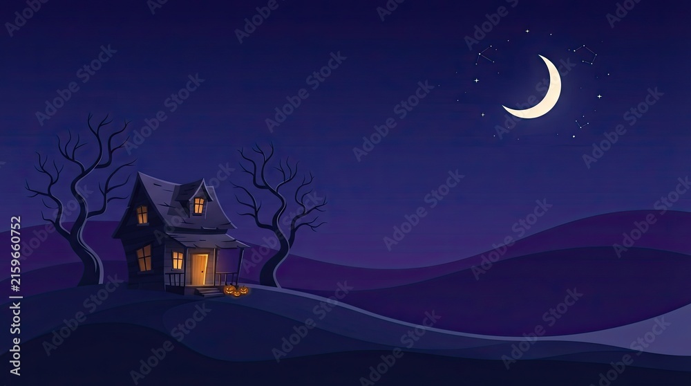 Fototapeta premium A hauntingly beautiful depiction of a classic halloween scene featuring a spooky old house silhouetted against a vibrant dark purple night sky