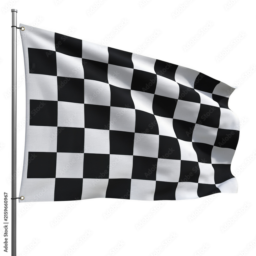 Naklejka premium Chequered flag waving on pole with clear sky during sporting event success concept Isolated on transparent background