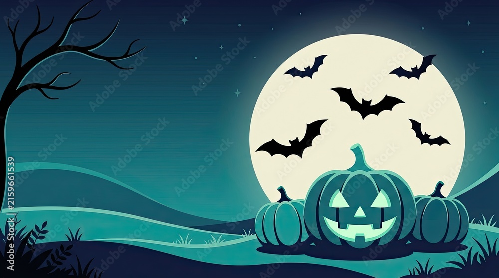 Fototapeta premium A spooky halloween night scene featuring a jack o' lantern bats a full moon and a silhouetted landscape perfect for festive decorations