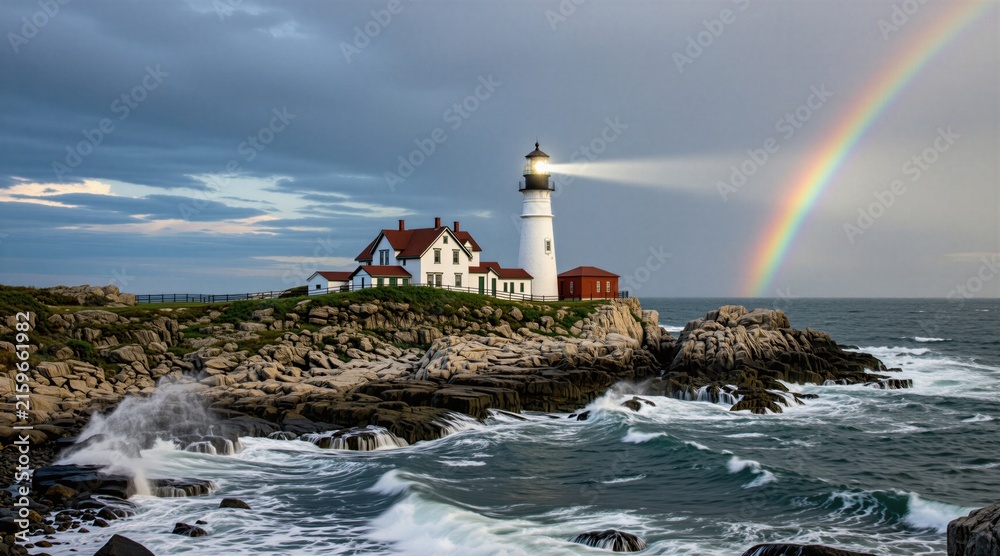 Fototapeta premium Maine lighthouse stands on rocky Atlantic coast under stormy sky with bright rainbow. White tower emits glowing beacon light over dark ocean waves splashing against stones. Scenic historic maritime