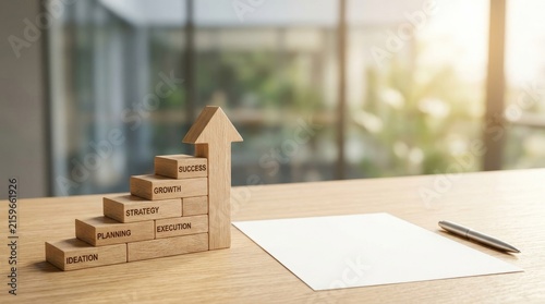 Wooden block stair steps with business strategy concepts near blank paper sheet