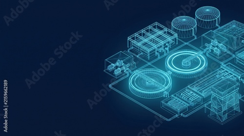 Futuristic digital hologram blueprint of industrial refinery plant infrastructure with glowing cyan particles and wireframe structure refinery industrial hologram