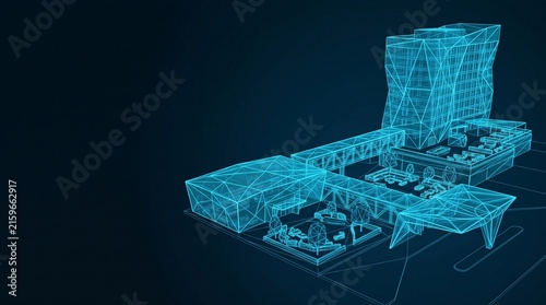 Modern skyscraper building complex holographic digital wireframe layout showing urban commercial architecture blueprint with skyscraper building architecture