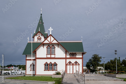 Canvastavla Husavikurkirkja Wooden Church in Husavik Iceland