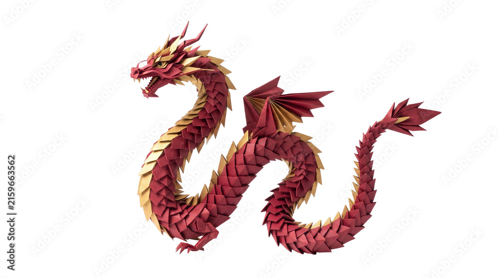 Fototapeta premium Origami red dragon with gold accents, paper craft mythical creature on white background, geometric folded paper art dragon