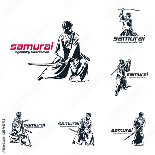 Set of Japanese Samurai Legendary Swordsman Vector Logo Illustration. Ideal for logo martial arts academies, kendo clubs, gaming team emblems, apparel prints, stickers, and esports logos.