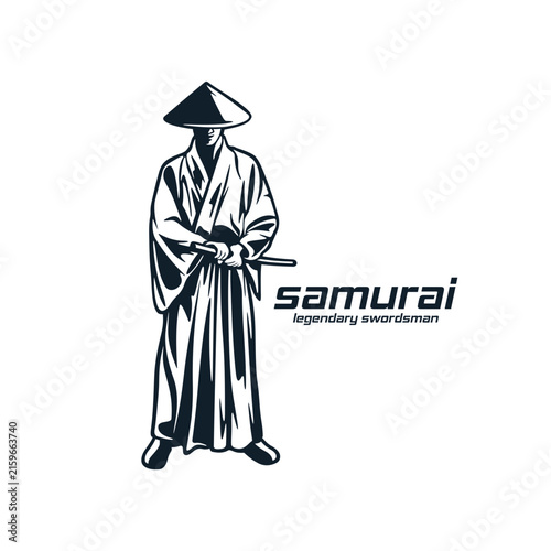 Japanese Samurai Legendary Swordsman Vector Logo Illustration. Ideal for logo martial arts academies, kendo clubs, gaming team emblems, apparel prints, stickers, and esports logos.