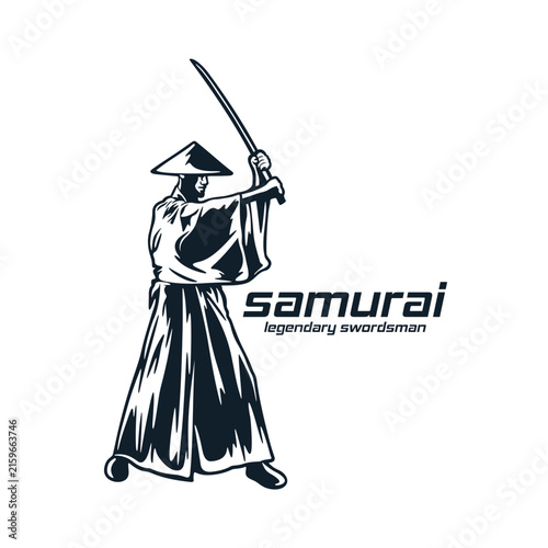 Japanese Samurai Legendary Swordsman Vector Logo Illustration. Ideal for logo martial arts academies, kendo clubs, gaming team emblems, apparel prints, stickers, and esports logos.