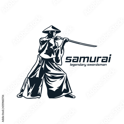 Japanese Samurai Legendary Swordsman Vector Logo Illustration. Ideal for logo martial arts academies, kendo clubs, gaming team emblems, apparel prints, stickers, and esports logos.