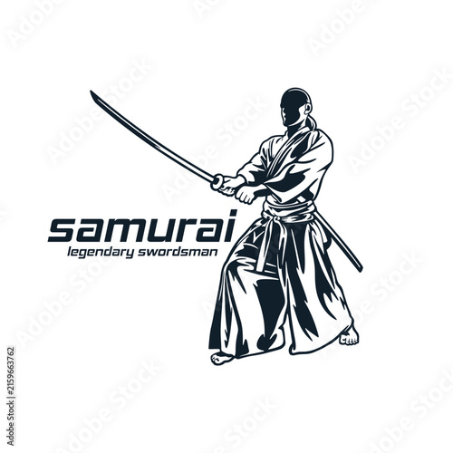 Japanese Samurai Legendary Swordsman Vector Logo Illustration. Ideal for logo martial arts academies, kendo clubs, gaming team emblems, apparel prints, stickers, and esports logos.